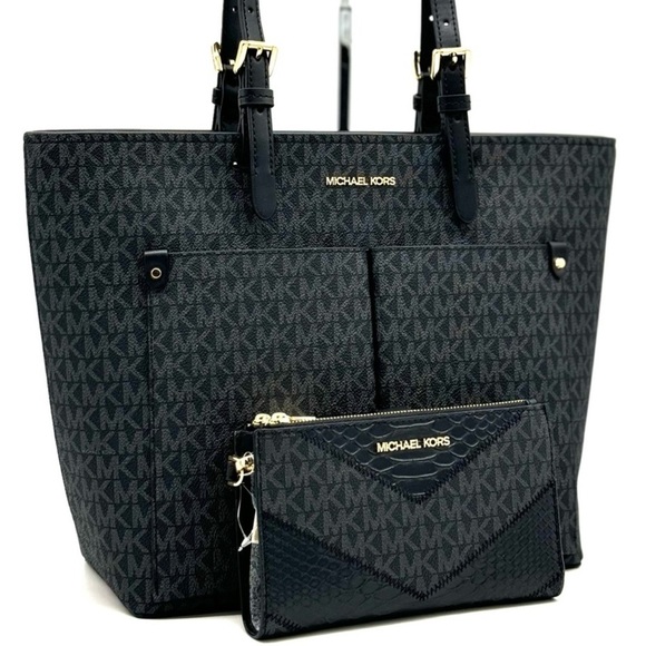 Michael Kors Jet Set Medium Pocket Tote Bag & Double Zip Wallet Black Multi - Picture 1 of 13